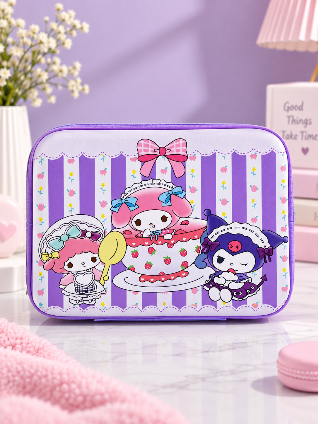 Purple cosmetic bag with tea party character illustration and bow trim